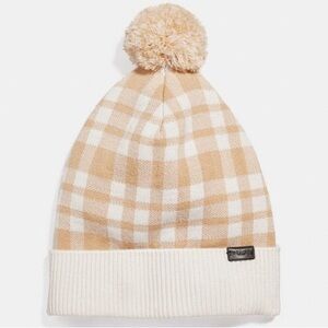 Coach Cream & Tan Check Pom Pom Beanie -NWT